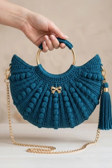 Crescent Moon Handbag with Gold Ring Handle Free Crochet Pattern