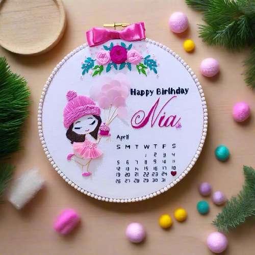 Easy 3D Girl & Hair Embroidery Birthday Calendar Hoop