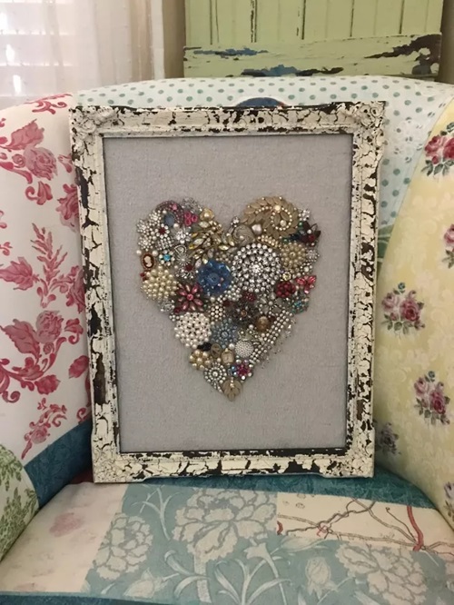 Framed Heart for Valentines Day Using Old Jewelry