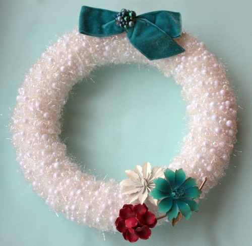 Pearly Christmas Wreath with Vintage Jewelry